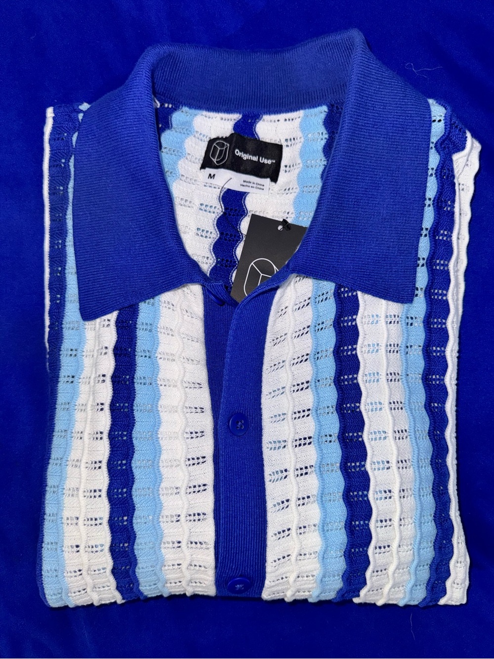 Original Use Blue and White Striped Knit Polo